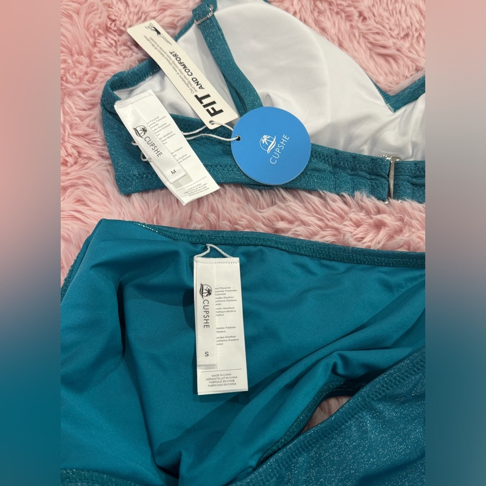 CUPSHE SWIMSUIT BIKINI SET SIZE SMALL MEDIUM TEAL SPARKLY HIGH WAISTED PADDED - Picture 7 of 8